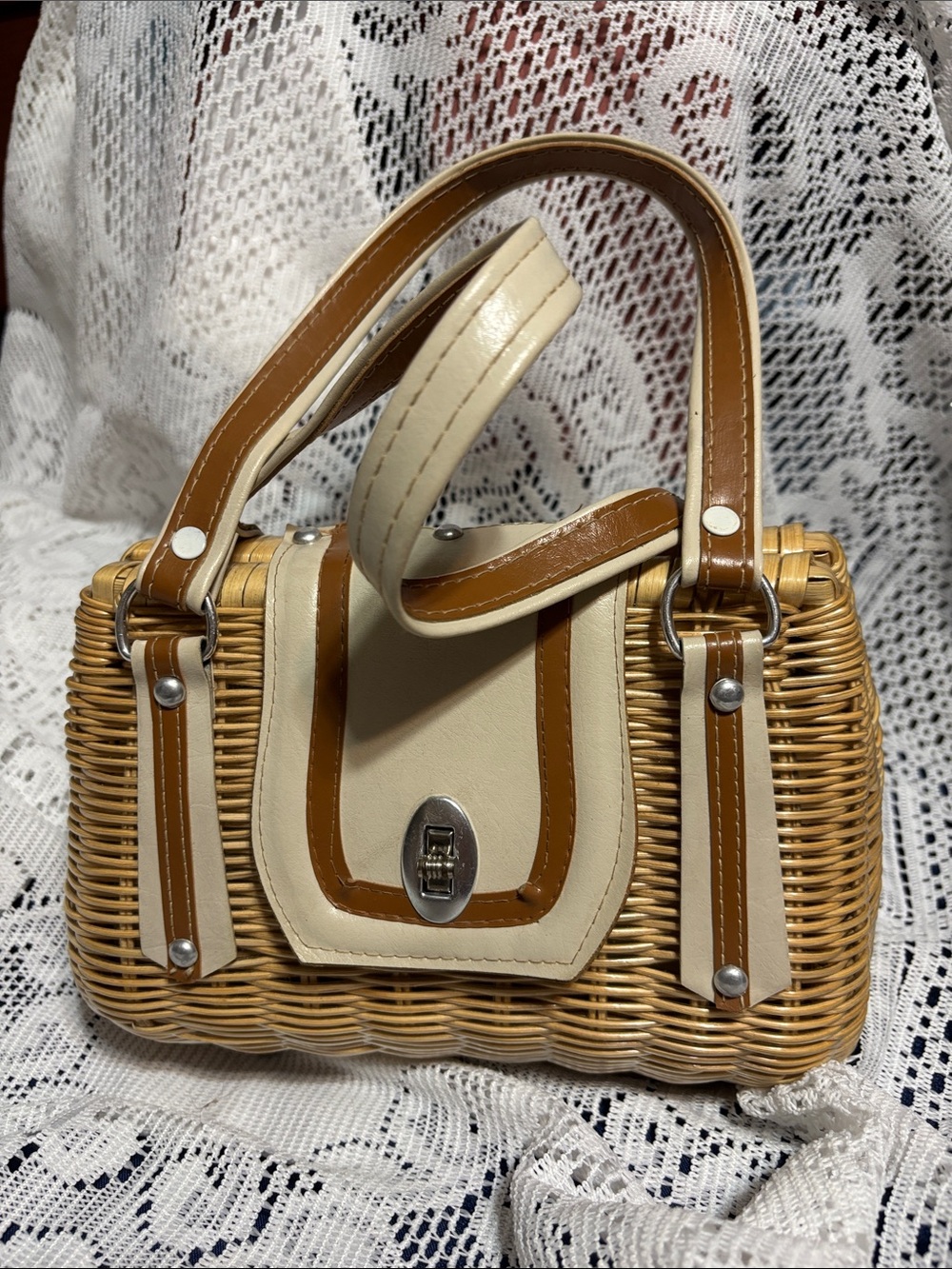 Woven Rattan Handbag with Cream & Tan Accents